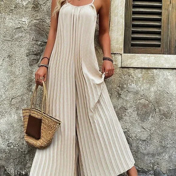 Apricot Casual Women's Solid Color Spaghetti Strap Jumpsuit - Picture 6 of 7